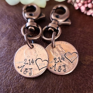 Penny keychain custom-Valentines day keychain personalized-Handstamped penny-Anniversary gift idea-couples keychains-Valentines day 2023