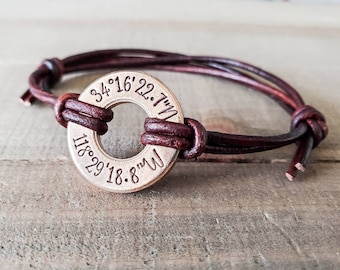 Hand Stamped Coordinates Bracelet: Custom Washer, Leather Cord