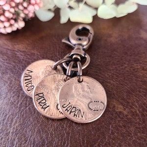 Travel token keychain-Travel tokens-Penny keychain-Traveler gift personalized-Country travel tokens-Custom stamped penny keychain