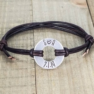 Custom bracelet-leather washer bracelet-personalized men's leather bracelet-valentines day gift boyfriend-couples initial bracelet image 4