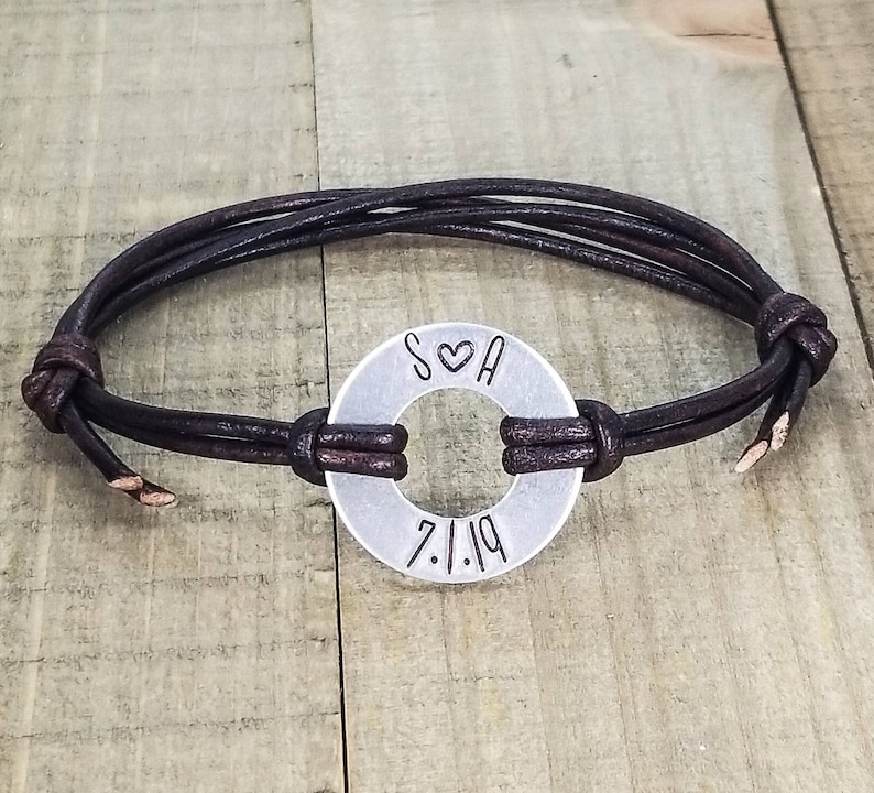 Custom bracelet-leather washer bracelet-personalized men's leather bracelet-valentines day gift boyfriend-couples initial bracelet image 4