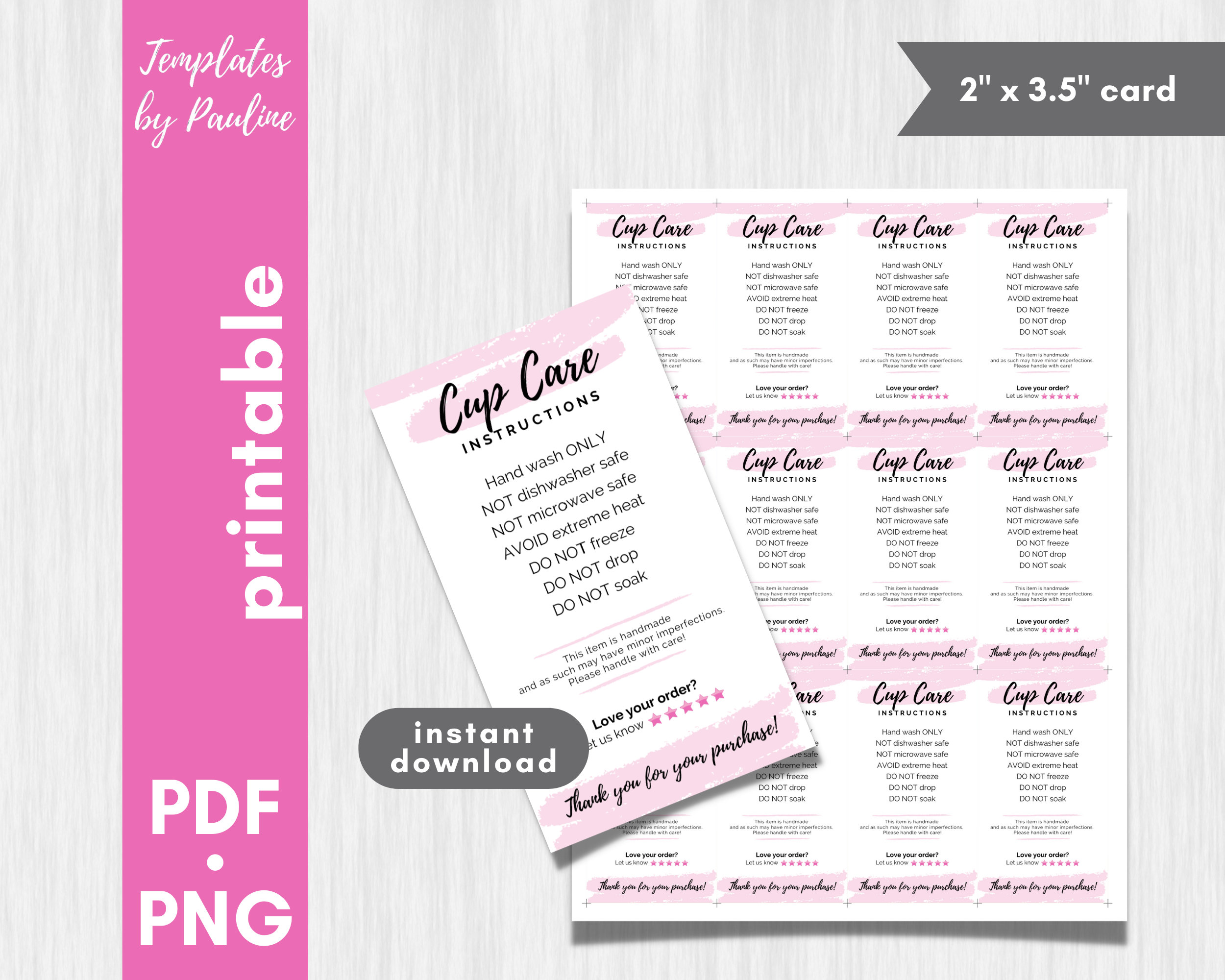 Printable Cup Care Instruction Cards 2 X 3.5 Inches. Tumbler Care Card With  Blank Back. Hand Wash Only Small Business Thank You Cards CP0005 