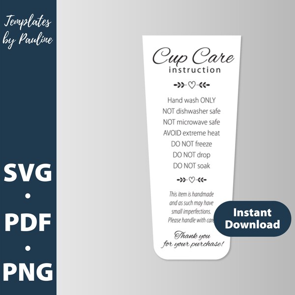 Cold cup care instruction card SVG. Sublimation tumbler care png. Mug washing tag Hand wash only Handle with care SVG files for Cricut PC060