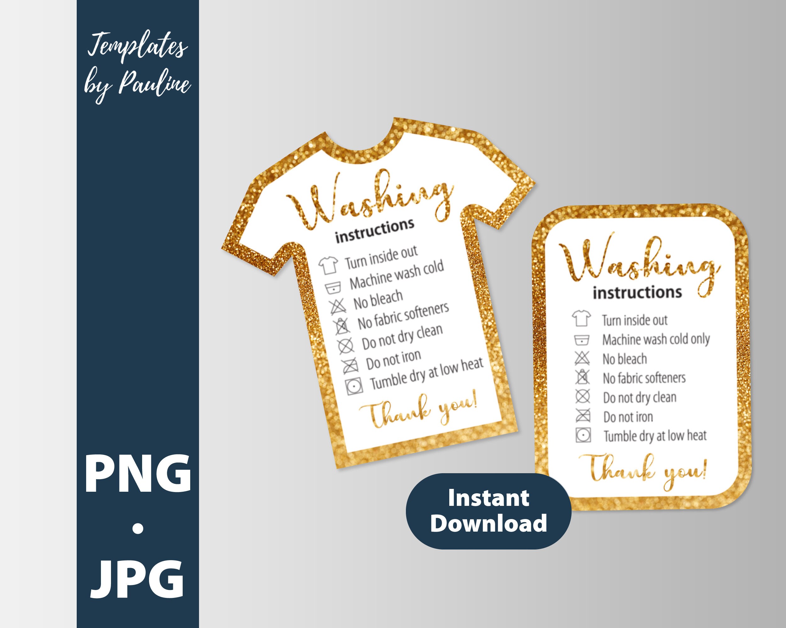 Printable Tshirt care instructions card bundle PNG. Gold t | Etsy