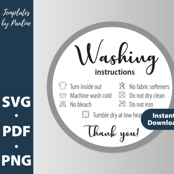 Simple print and cut washing instructions card. Grey round Tshirt care cards svg. Printable tee shirt care instructions SVG for Cricut PC086