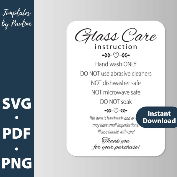 Stemless wine glass care card SVG. Cup care instruction png. Hand wash only label. Print & cut thank you insert. Handle with care tag PC125