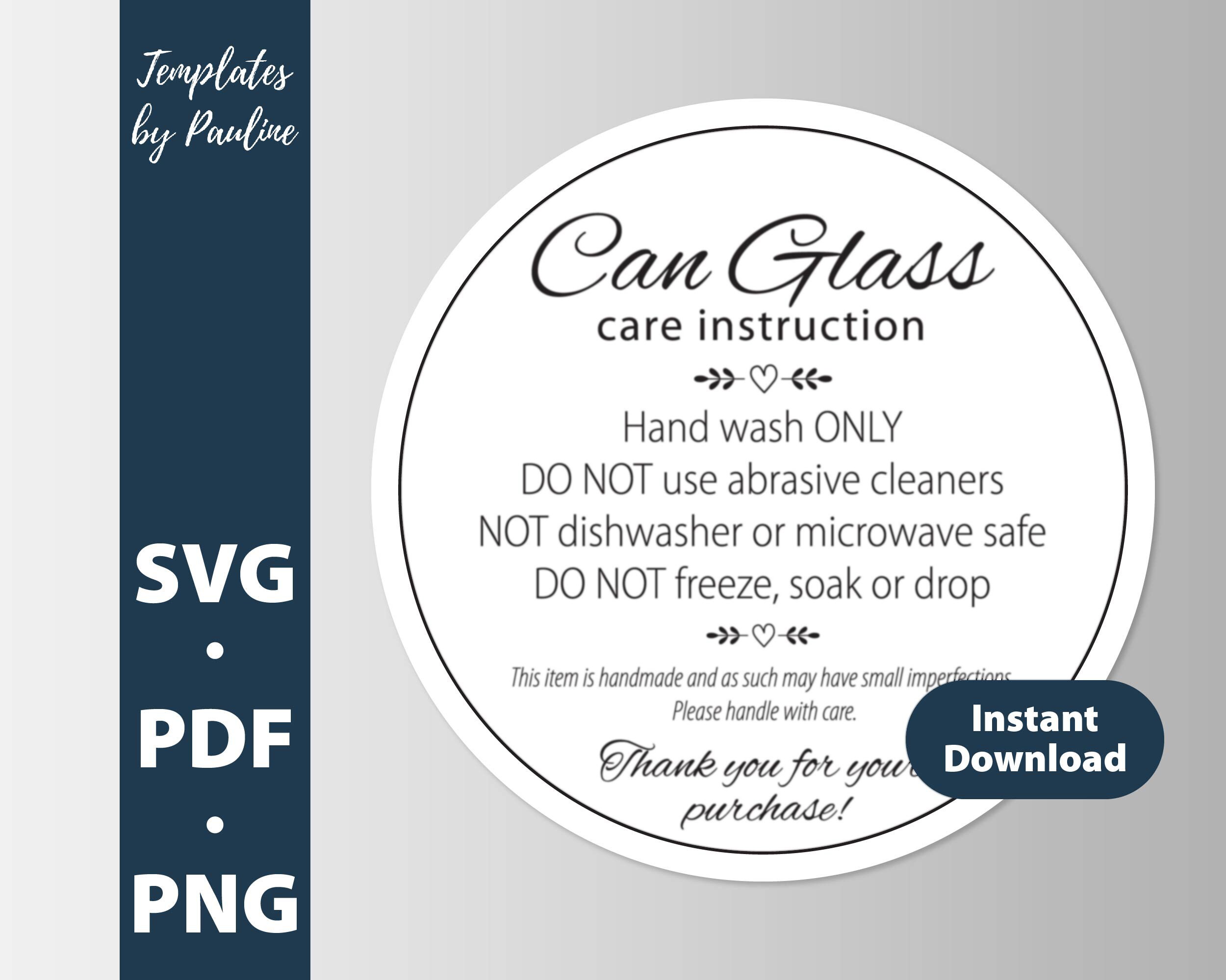 Libbey Can Glass Glass Care Card SVG. Cup Care Instruction Sticker