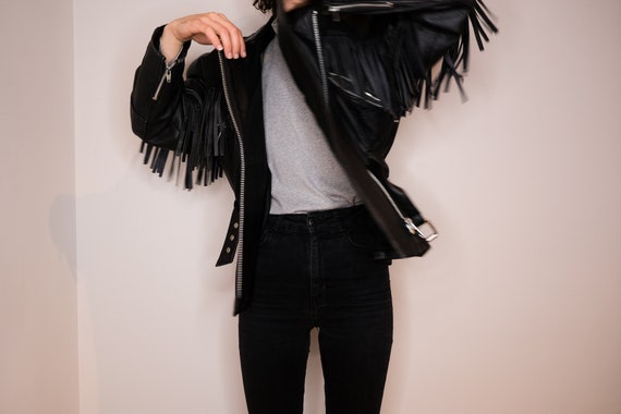 Fringed biker leather jacket - Blakc Leather Biker
