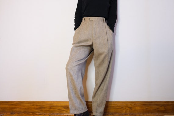Heather Beige High-Waisted Wool Pleated Trousers