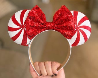 Peppermint swirl mouse ears sparkle Christmas holiday Minnie Mickey headband bow