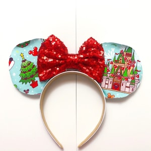 Christmas castle holiday mouse ears Minnie Mickey inspired festive headband bow gift