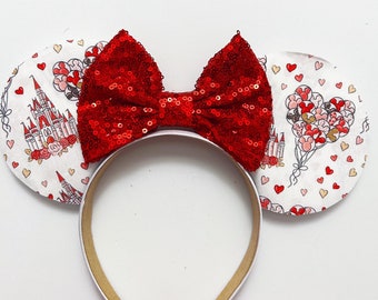 Serre-tête oreilles de souris château Saint-Valentin inspiré de l'amour des Fêtes avec noeud Minnie