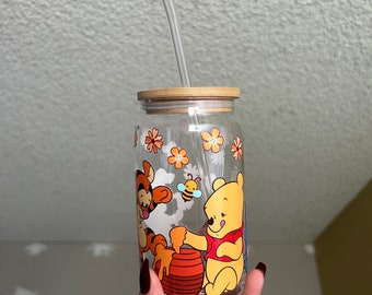 Pooh friends Glass cup beer iced coffee cup inspired trendy aesthetic