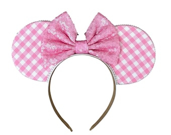 Oreilles de souris inspirées du vichy printanier, noeud de serre-tête Minnie Mickey