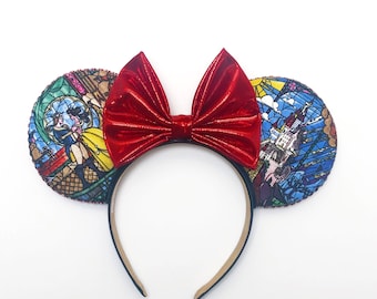 Beauty and the Beast stain glass window minnie Mickey Mouse disney princess ears