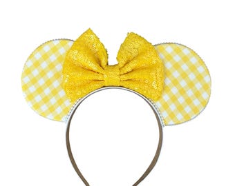 Oreilles de souris inspirées du vichy printanier, noeud de serre-tête Minnie Mickey