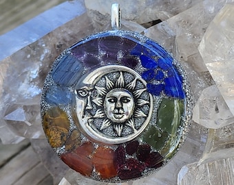 Chakra Crystal Necklace Sun and Moon Pendant Orgone Energy Cleansing Jewelry, Energy Healing Chakra Alignment, Meditation Aid, Yoga Gift