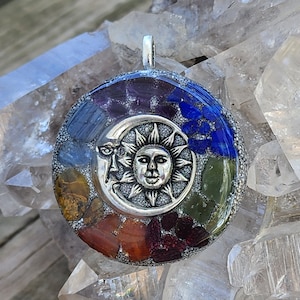 Chakra Crystal Necklace Sun and Moon Pendant Orgone Energy Cleansing Jewelry, Energy Healing Chakra Alignment, Meditation Aid, Yoga Gift image 1