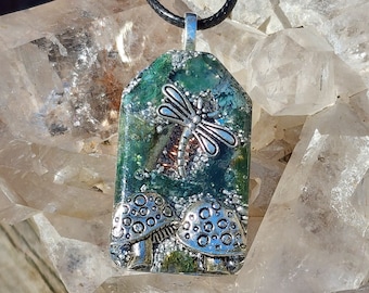 Moss Agate Necklace, Magical Mushrooms, Dancing Dragonfly, Orgone Energy Cleansing Jewelry, Heart Chakra