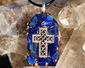 Lapis Cross Pendant, Orgone Energy Cleansing Jewelry, Christian Gift Spiritual Necklace, Religious Gift