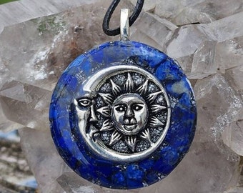 Sun and Moon Necklace, Lapis Lazuli Pendant, Orgone Energy Cleansing Jewelry, Pocket-sized energy cleanser, Eco-friendly energy tool