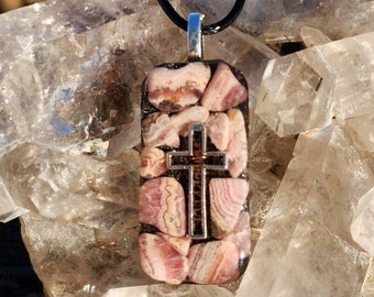Cross Necklace, Rhodonite Pendant, Orgone Energy Cleansing Jewelry, Christian Gift, Spiritual Necklace, Religious Gift