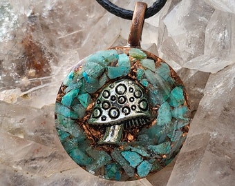 Magical Mushroom, Chrysocolla Necklace, Lucky Charm, Orgone Energy Cleansing Jewelry, Heart Chakra, Throat Chakra