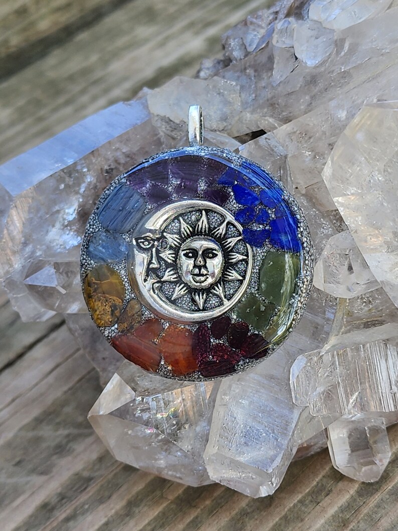 Chakra Crystal Necklace Sun and Moon Pendant Orgone Energy Cleansing Jewelry, Energy Healing Chakra Alignment, Meditation Aid, Yoga Gift image 1