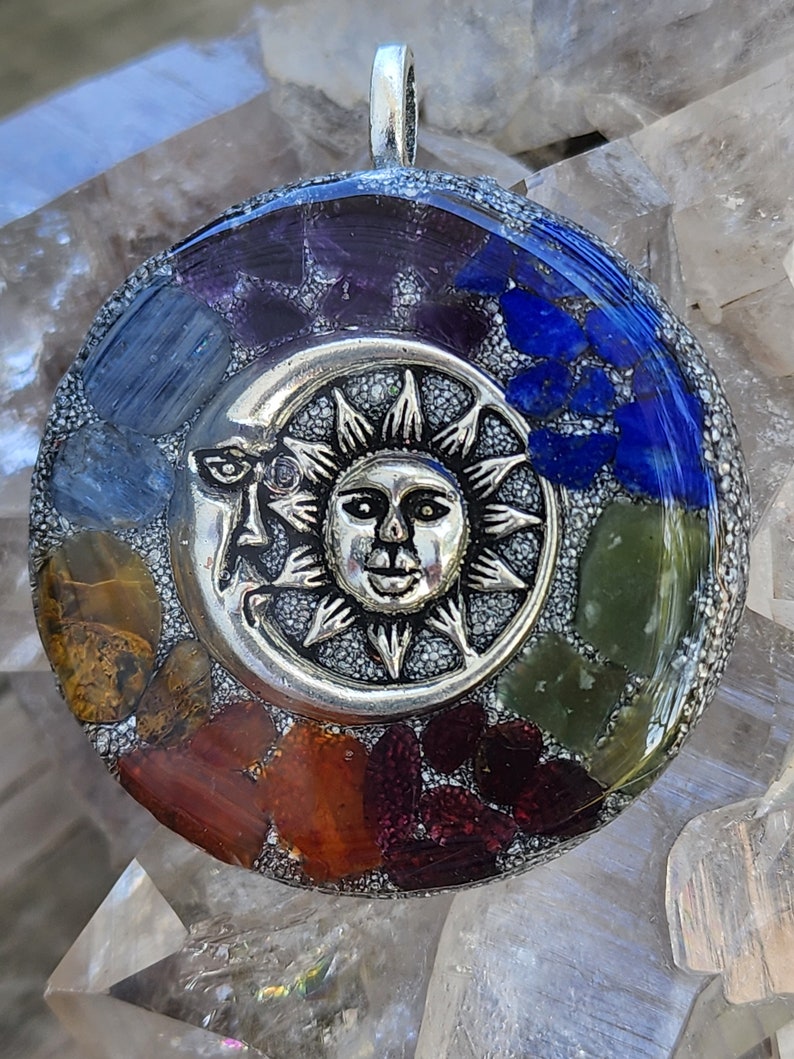Chakra Crystal Necklace Sun and Moon Pendant Orgone Energy Cleansing Jewelry, Energy Healing Chakra Alignment, Meditation Aid, Yoga Gift image 2