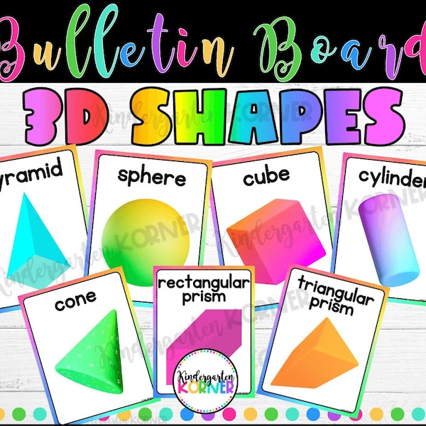 3D Shapes Posters Rainbow Neon Watercolors Kindergarten 1st Math Geometry Printable Classroom Decor Bulletin Board