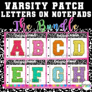Varsity Patch Letters Numbers on Composition Notebook Notepads BUNDLE 8 Colors / Sets PRINTABLE Classroom Decor - You Print! Classroom Theme