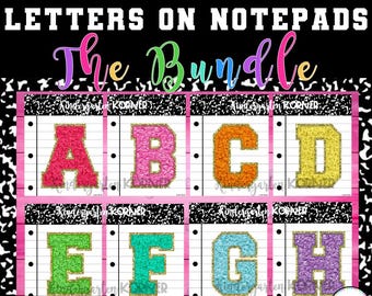 Varsity Patch Letters Numbers on Composition Notebook Notepads BUNDLE 8 Colors / Sets PRINTABLE Classroom Decor - You Print! Classroom Theme