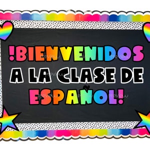 Bienvenidos a la clase de Español Prikbord, bord, banner, regenboog klasdecor, afdrukbaar/digitaal lesmateriaal