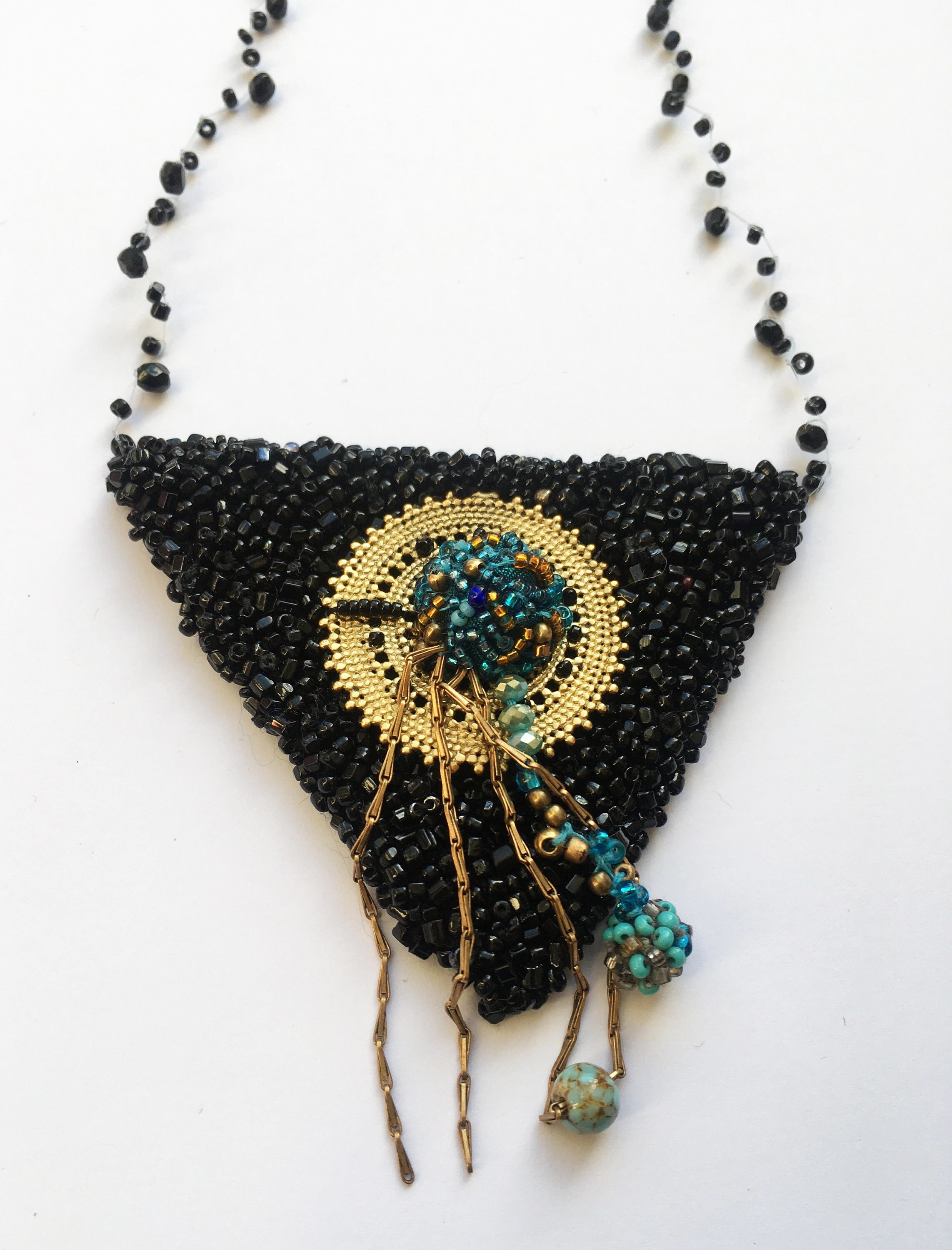 Bead Embroidered Necklace. Handmade Triangle Necklace. Black Etsy