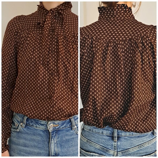 Original 80er Jahre Vintage Deadstock Bluse Herbstfarben 34/36 viktorianischer Kragen BoHo Baumwolle braun hellbraun gemustert 70er Jahre