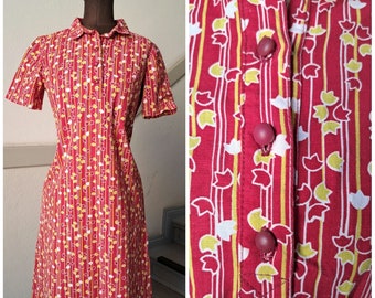70s vintage dress L size 40 red yellow boho hippie flowers geometric short sleeve cotton buttons apron