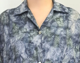 Vintage Bluse 42 XL Dreiviertelarm 50er abstrakt verrücktes Muster grau Anthrazit Aquarell glänzend Plus Größe Aquarell