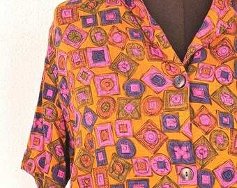 Vintage Bluse 42 XL 50er Jahre orange pink lila grün abstrakt Kurzarm Viskose Sommerbluse