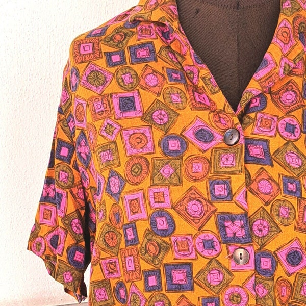 Vintage Bluse 40/42 L XL 50er Jahre orange pink lila grün abstrakt Kurzarm Viskose Sommerbluse