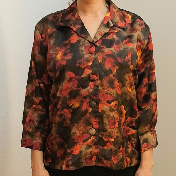 Vintage Bluse Größe 42 XL 50erJahre Dreiviertelarm abstrakt Aquarell verrücktes Muster rot schwarz orange