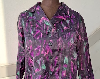 Vintage Bluse Dreiviertelarm 1950er 40/ 42 L/ XL  abstrakt verrücktes Muster lila grün rosa schwarz Pinselstriche