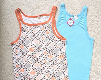 Vintage undershirts L and XL men's light blue (deadstock) and brown white orange patterned 70s 80s made in W-Germany