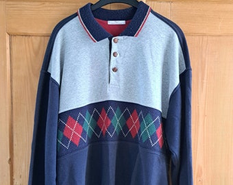 sweat-shirt vintage années 80 90 Marks & Spencer XL bleu gris vert rouge boutons en cuir preppy motif argyle golf popper