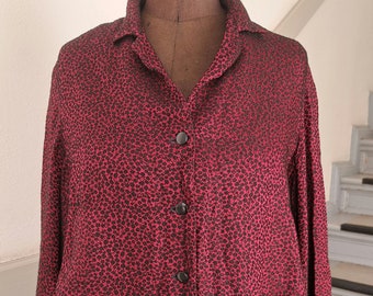 Blusa vintage 50s talla 44 XL manga tres cuartos vino rojo negro plata estampado floral elegante elegante festivo