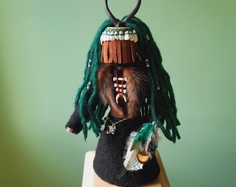 Shaman Art Doll, Pagan OOAK Spirit Doll, Tribal Ritual Figurine with Hand-Embroidered Mask, Felted Wool Dress Forest Protector, Folk Art