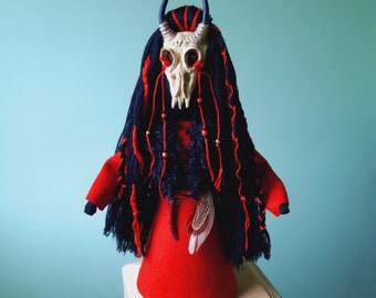 Shamanic witch with a pagan ritual skull. Pagan Altar, Spirit, pagan decor, black and red doll,  Gothic gift, chain for god luck, heilung