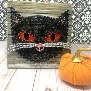 May include: A black cat face string art piece on a wooden background. The cat's eyes are orange and the nose is pink. The cat's whiskers are white. A small orange pumpkin sits in the bottom right corner of the image.