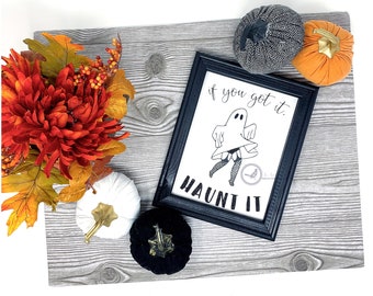 If You Got It, Haunt It Ghost Wall Art | funny halloween decor, sassy ghost art, sparkly ghost wall art, halloween reverse canvas art