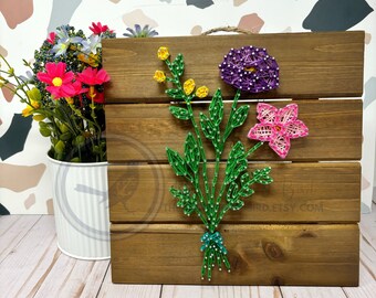 Spring Flower Bouquet String Art | mothers day gift, floral string art sign, flower home decor, wildflower art, rustic wood string art sign