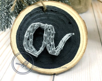 String Art Initial Letter Wood Slice Ornament | hand-lettered ornament, personalized string art ornament, script letter ornament, tree slice